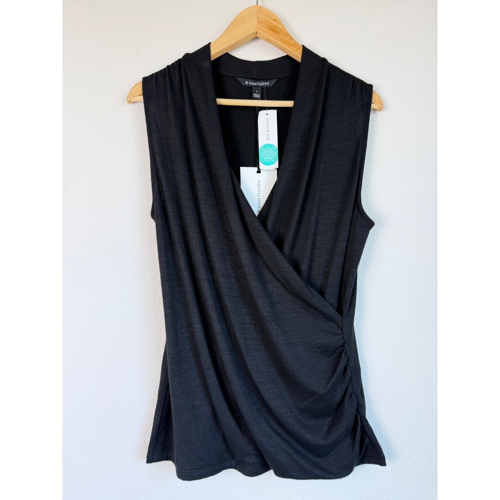 41 Hawthorn Women Rayon Top Benni Wrap Front Ruched L Black Sleeveless V-Neck